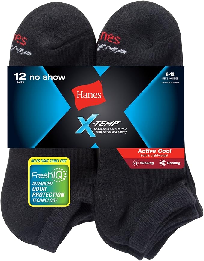 Hanes Mens FreshIQ XTemp Active Cool NoShow Socks 12Pack, 612