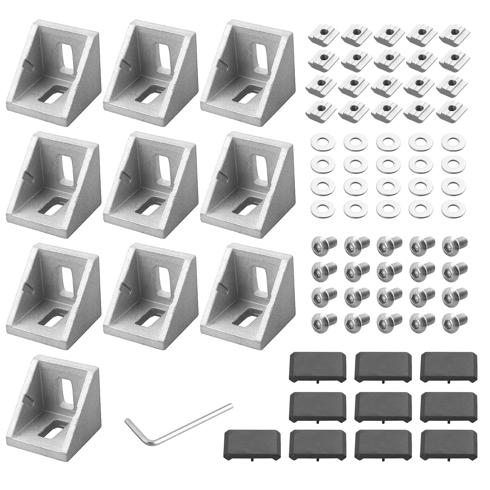 EYPINS 10 Pcs 3030 Aluminum Angle Mounting Brackets with Cover, 90 Degree Corner Brace Connector Extrusion Profile L-Angle Brackets with M6 T-Nuts 8mm Slots and M6 Hexagon Bolts for 3030 3060 Profiles