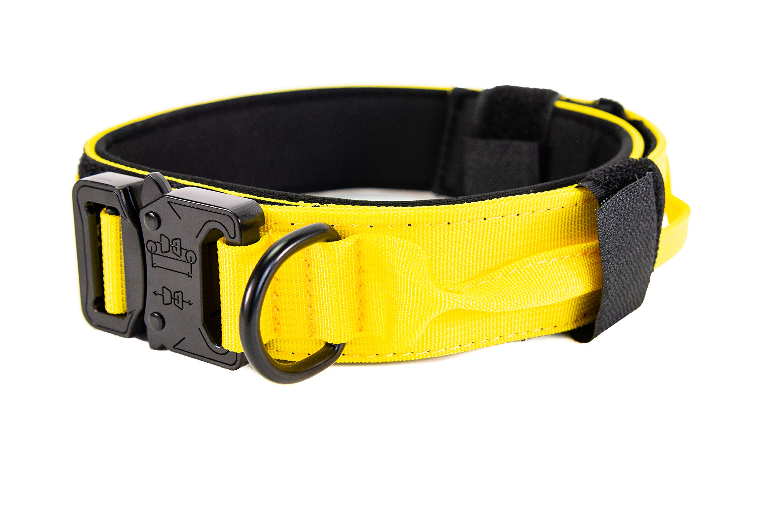 HEAVY DUTY Strong Tactical K9 Dog Collar | METAL CLIP & LOCK | CONTROL HANDLE | Adjustable Breathable Durable Padded | Large Dogs (Yellow)