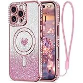 LAPOPNUT for iPhone 16 Pro Max Magnetic Case [Compatible with MagSafe][Glitter Card & Wrist Strap],Girls Women Bling Sparkle Rhinestone Diamond Raised Lens Protection Cover for iPhone 16 Pro Max,Pink