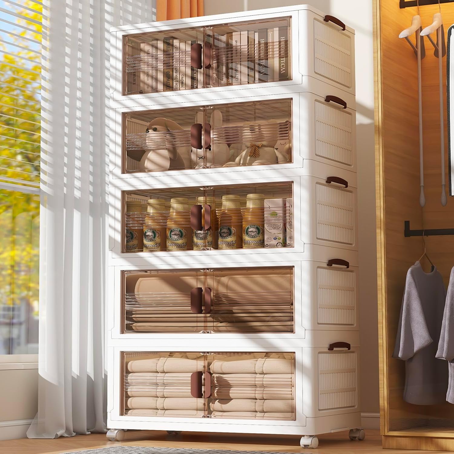 Photo 1 of Dimcapo Storage Bins with Lid,78 Quart Collapsible Storage Bins,5 Packs Large Plastic Storage Bins,Closet Organizers and Storage,Double Doors Stackable Storage Bins with Wheels for Home and Office