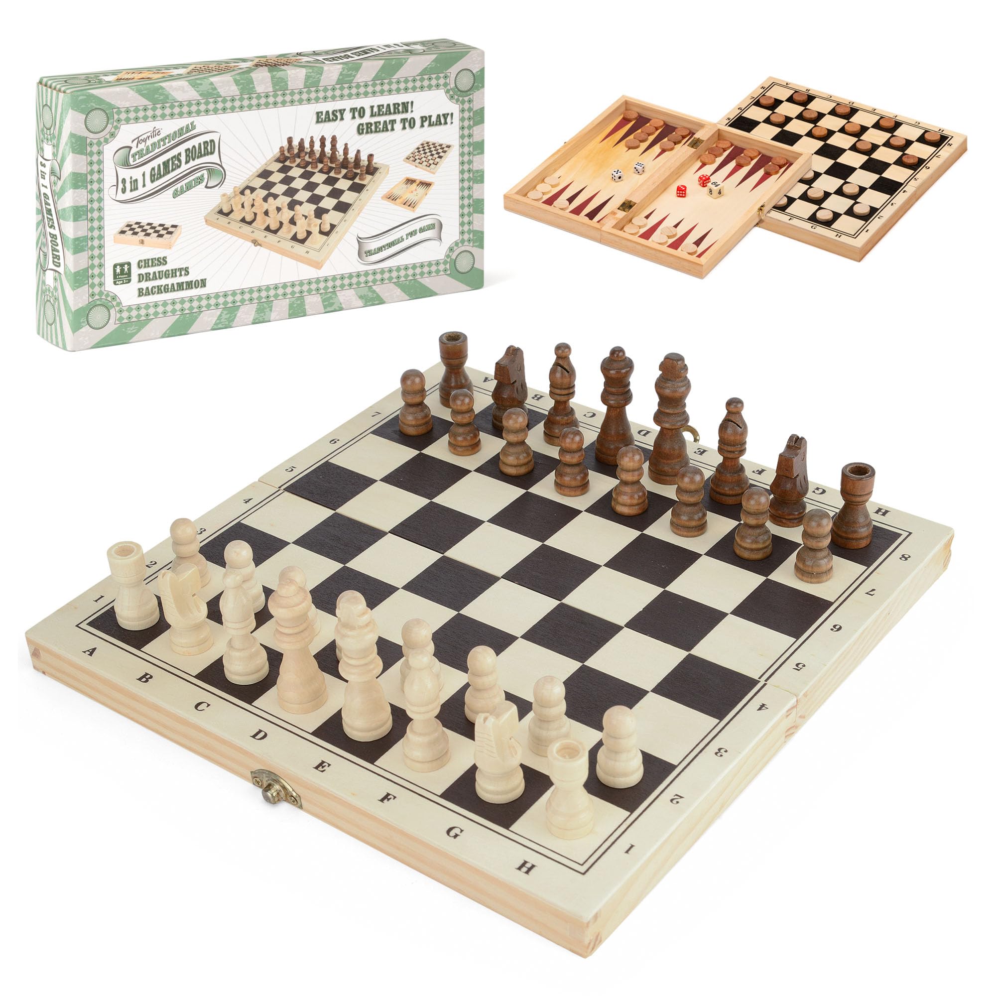 Toyrific 3 in 1 Folding Wooden Board Games Set, Portable Traditional Game Collection with Chess, Draughts and Backgammon for Kids and Families, Ages 3+