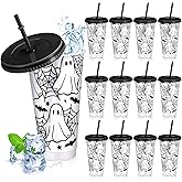 Reallnaive 12 Pcs Halloween Plastic Cups with Lids and Straws 24 oz Reusable Halloween Tumbler Ghost Drinking Coffee Cup for Women Home Office Decoration Birthday Party Favors