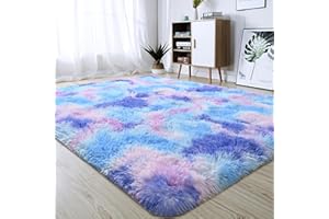 junovo Soft Rainbow Area Rugs for Girls Room, Fluffy Colorful Rugs Cute Floor Carpets Shaggy Playing Mat for Kids Baby Girls Bedroom Nursery Home Decor, 3ft x 5ft Tie-Dyed Purple