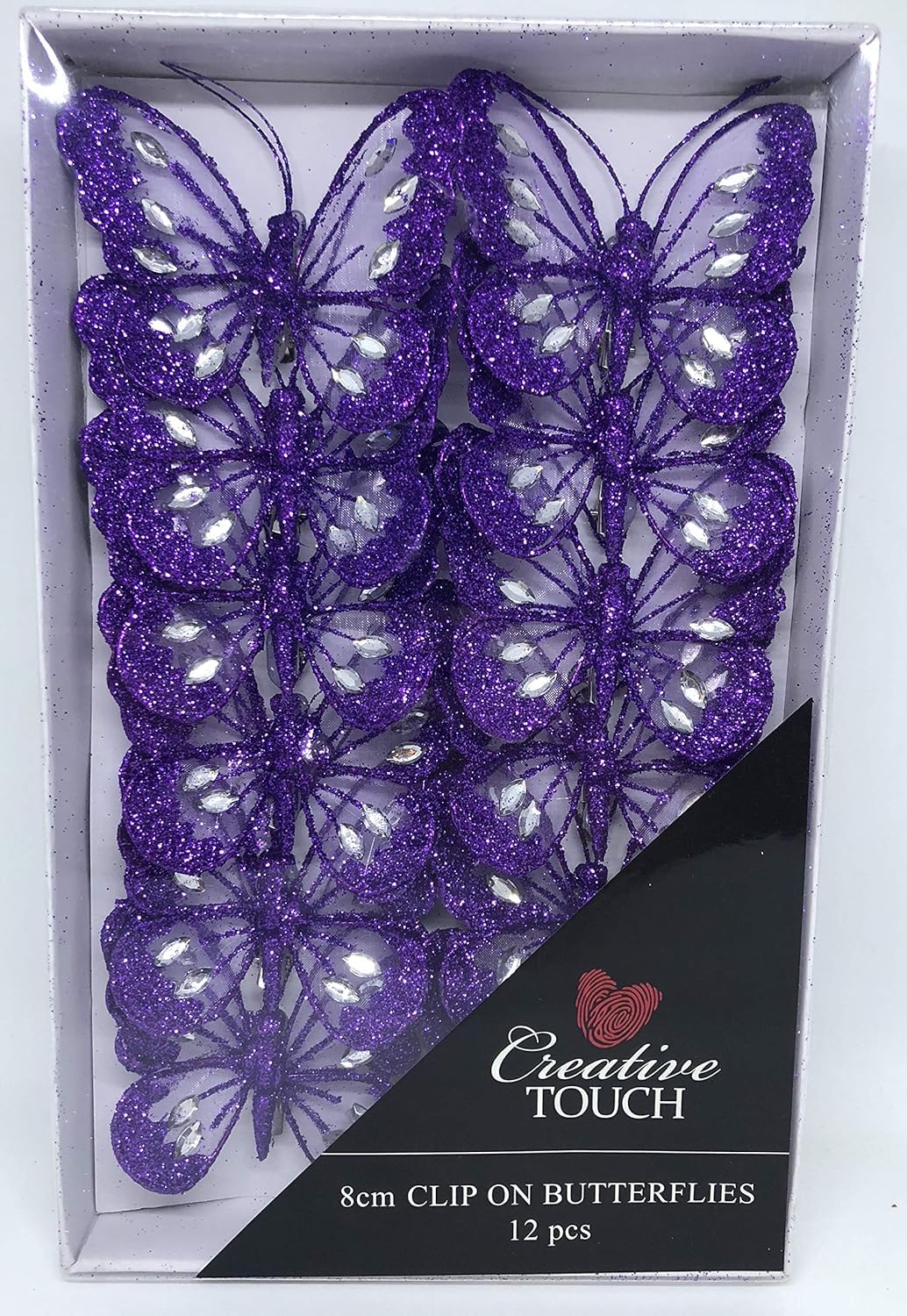 Set of 6 Purple 8cm Diamante Glitter Mesh Jewelled Butterfly 3D Decorative Butterflies Wedding Home Party Event Craft Embellishment Festive Stylish Xmas Tree Christmas Decoration Curtain Clip On