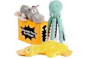 PetSpy Dog Gifts Squeaky Stuffed Dog Toy Pack - 3 Dog Chew Toys for Large, Medium, Small Dogs and Puppies- Rope Donkey, Plush Octopus, Crinkle Duck Toy - Pet Supplies Toys for Dogs to Keep Them Busy