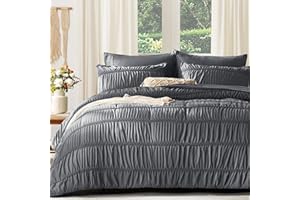 UNILIBRA Full Comforter Set with Sheets, 7 Pieces Boho Dark Grey Bed in a Bag Set, Lightweight Ruched Bedding Set All Seasons with Comforter, Flat Sheet, Fitted Sheet, Pillow Shams, Pillowcases