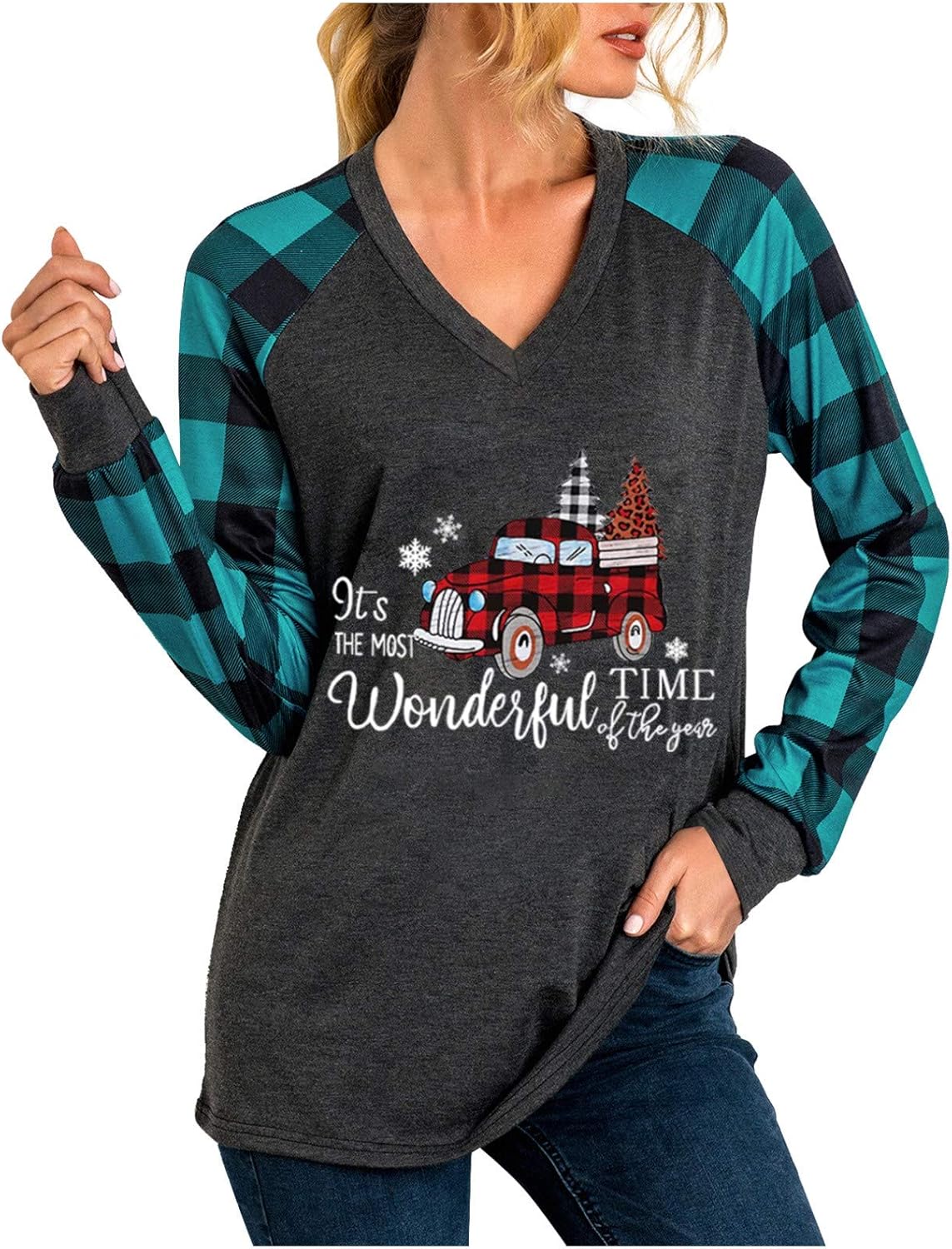 Women's Christmas TShirt Summer Long Sleeve V Neck T Shirts Womens