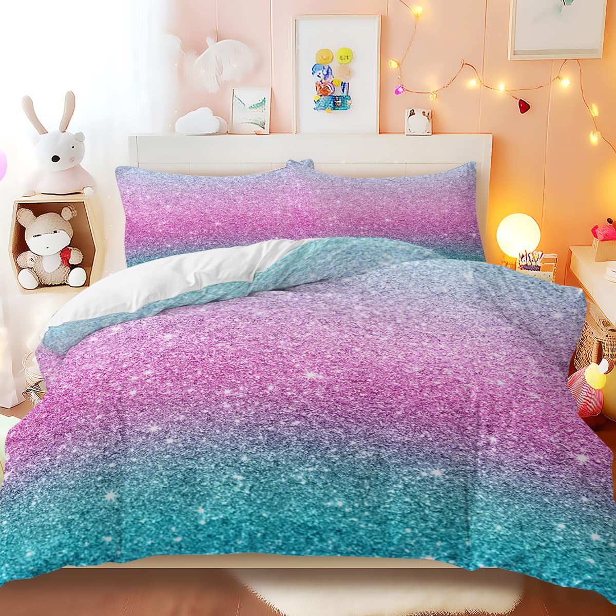 BlessLiving Kids Girls Colorful Glitter Bedding Duvet Covers Set Single: Cute Soft Zipper Pink and Purple Pastel Rainbow Bed 3 Piece Quilt Covers and Pillowcases Small Mildly Cosy Bedroom Decor
