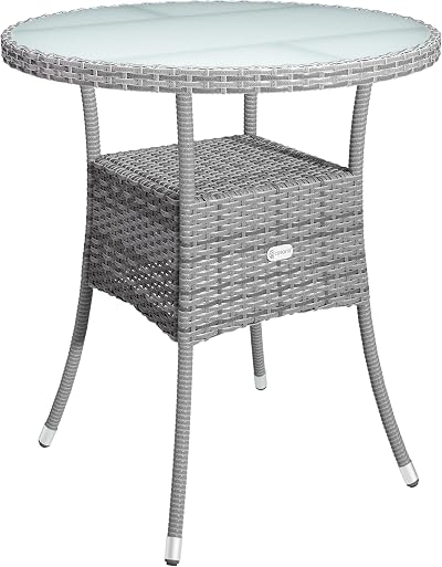 CASARIA Round Coffee Table 60cm Grey Poly-Rattan with Glass Top