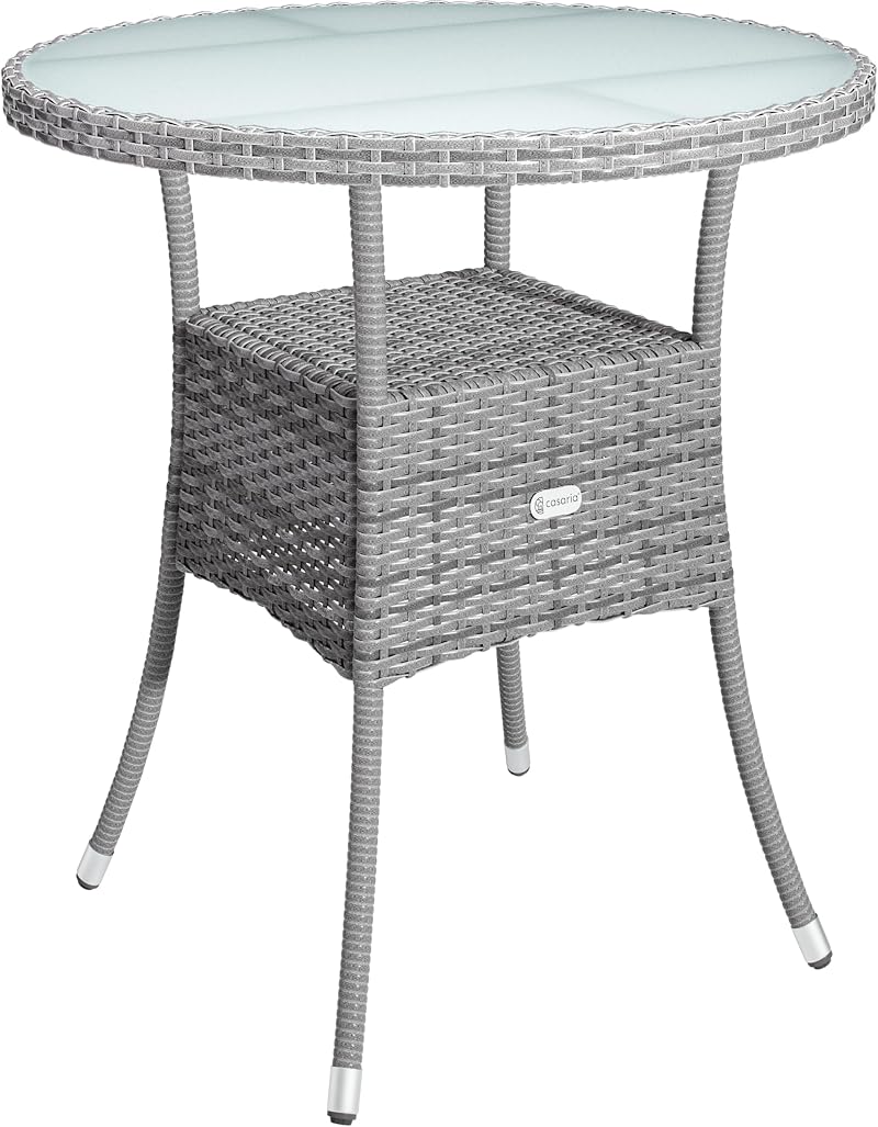 CASARIA Round Coffee Table 60cm Grey Poly-Rattan with Glass Top