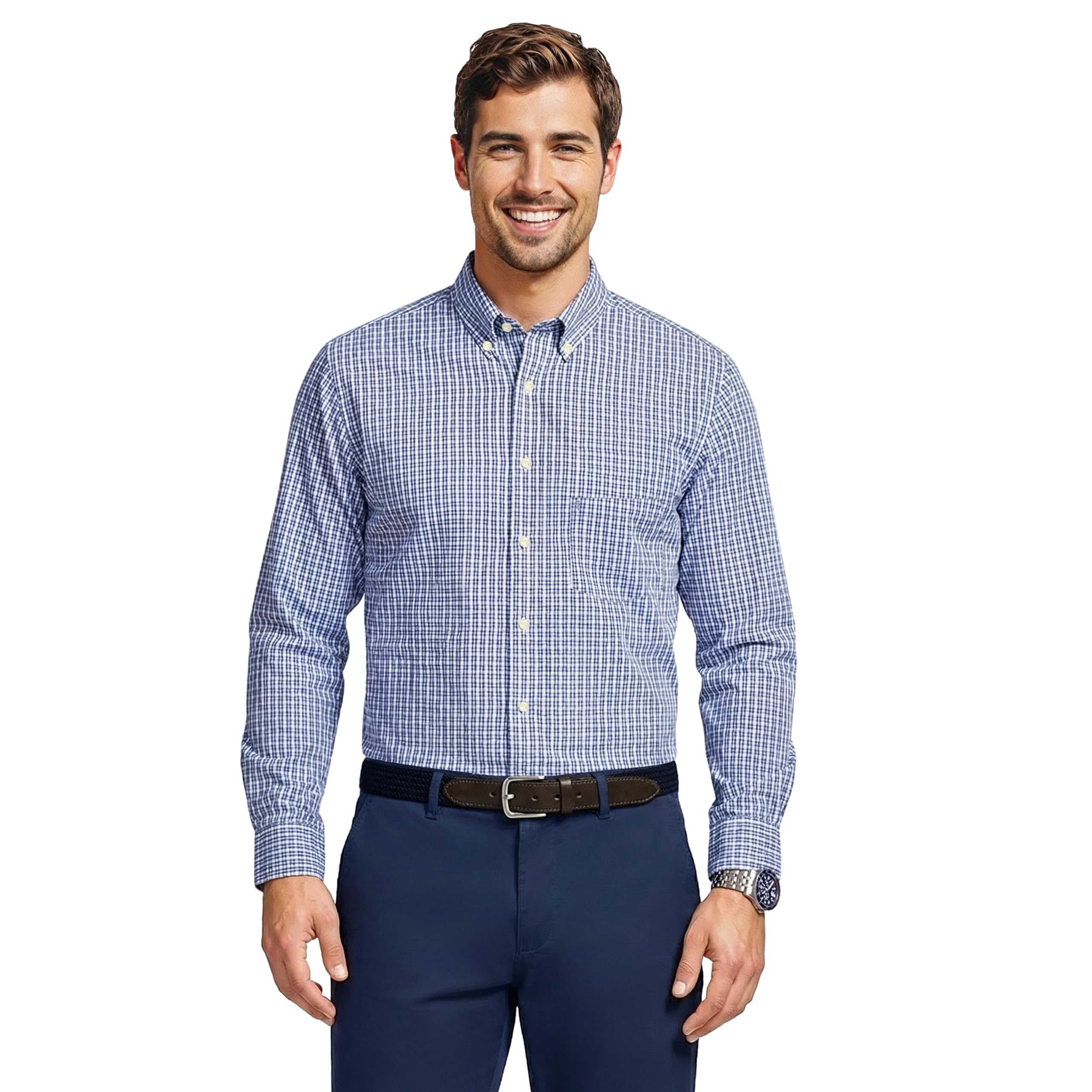 Izod Men's Performance Comfort Long Sleeve Plaid Button Down, Regatta, Small Image
