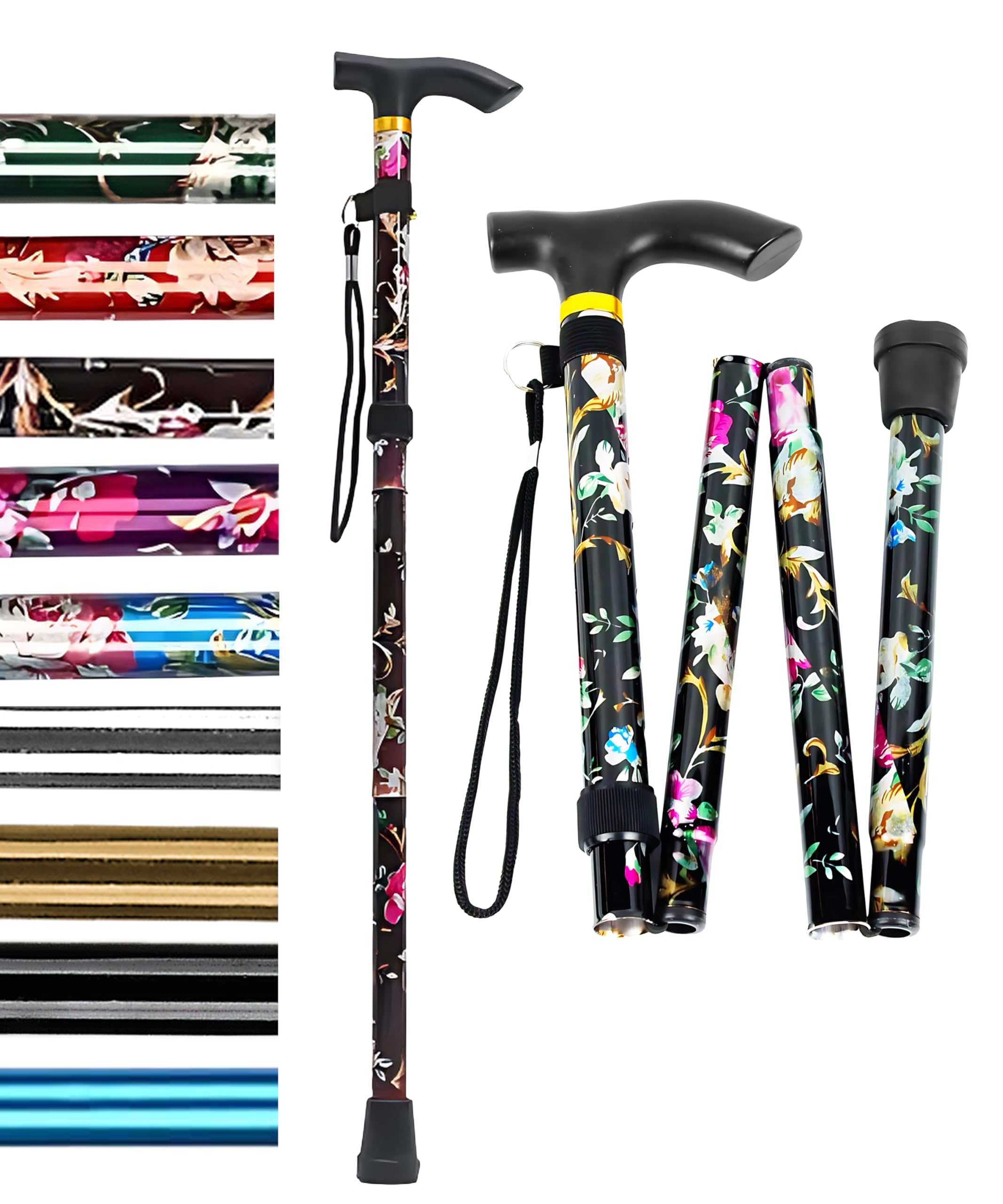 HATAF® Walking Stick, Folding Walking Sticks for Women, Adjustable height Folding Walking Sticks for Men, Mobility Aids walking stick rubber ends, walking sticks for ladies (Black Flowers)