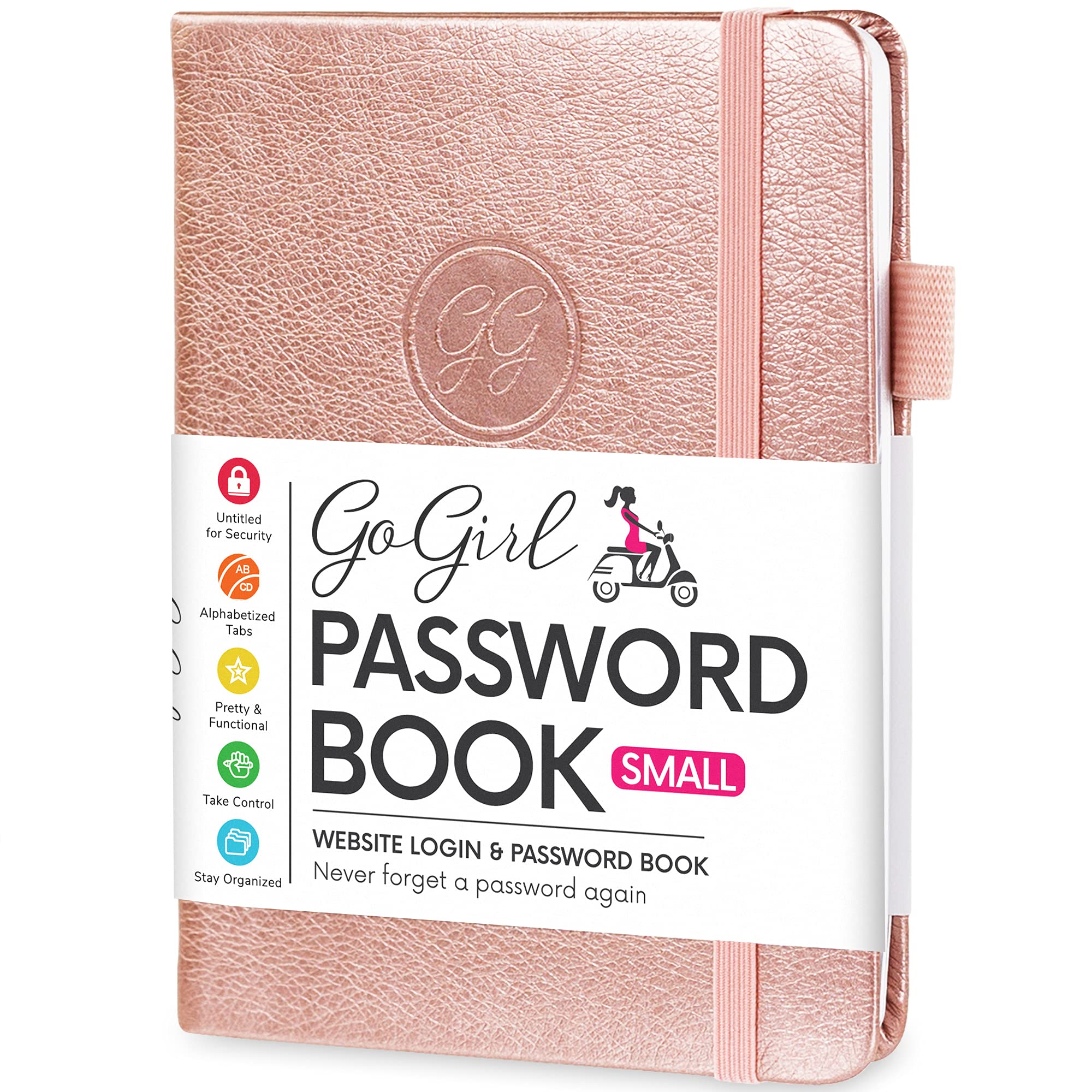 GoGirl Password Book with Alphabetical tabs – Internet Address & Password Keeper Logbook for Password Organization, Journal Notebook for Saving Website Logins. Small Size 11 x 14.5cm - Rose Gold