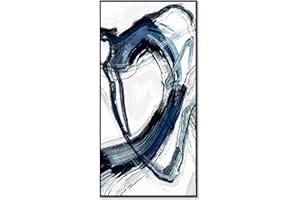 Sofoney - Large Black Framed Blue and White Abstract Canvas Wall Art with Hand Painted Texture, Abstract Black and Blue Brushstrokes Oil Painting Vertical Wall Decor for Living Room Bedroom - 40"x20"