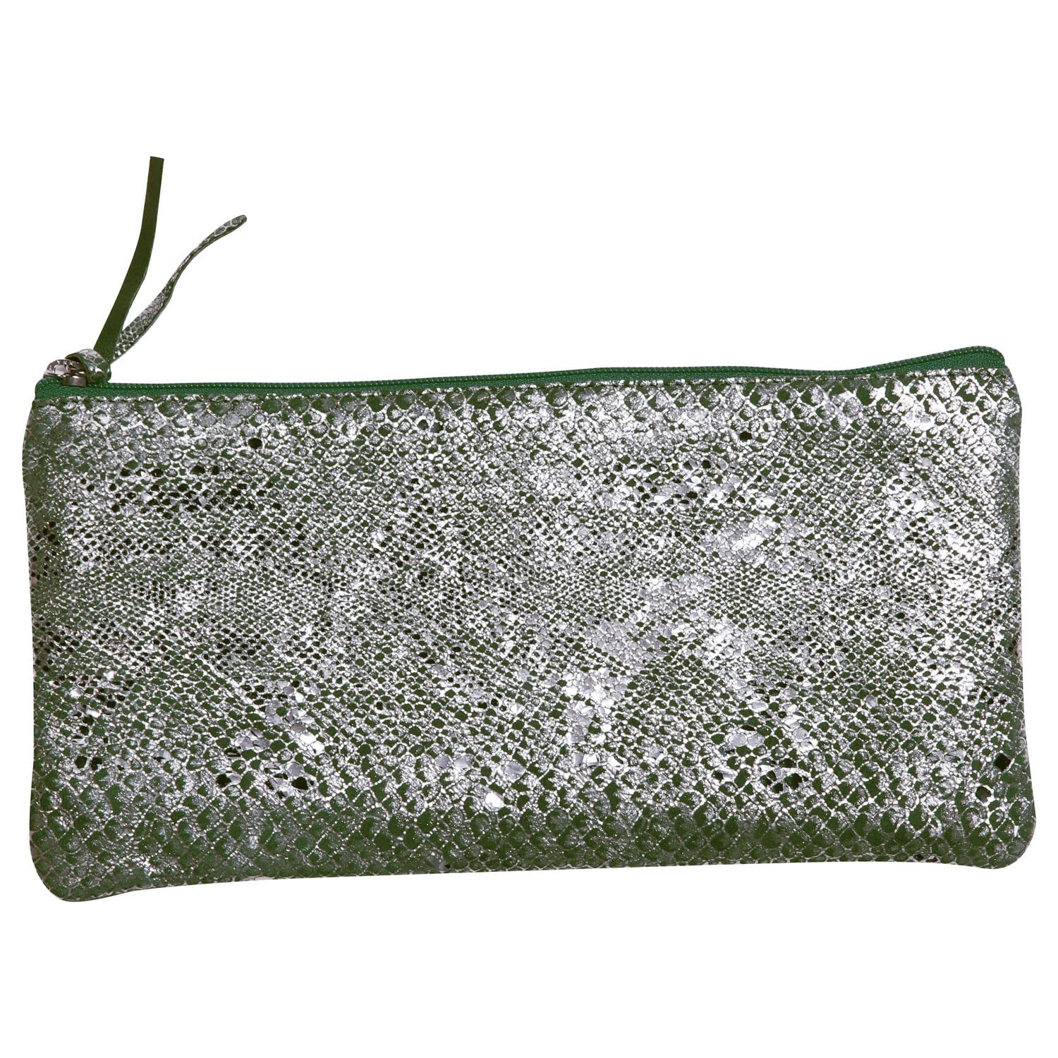 Clairefontaine - Ref 410101C - Céleste' Leather Flat Pencil Case - 22 x 11cm, Made From Genuine Lambskin Leather, Metal Zip With Leather Puller - Laser Green & Silver