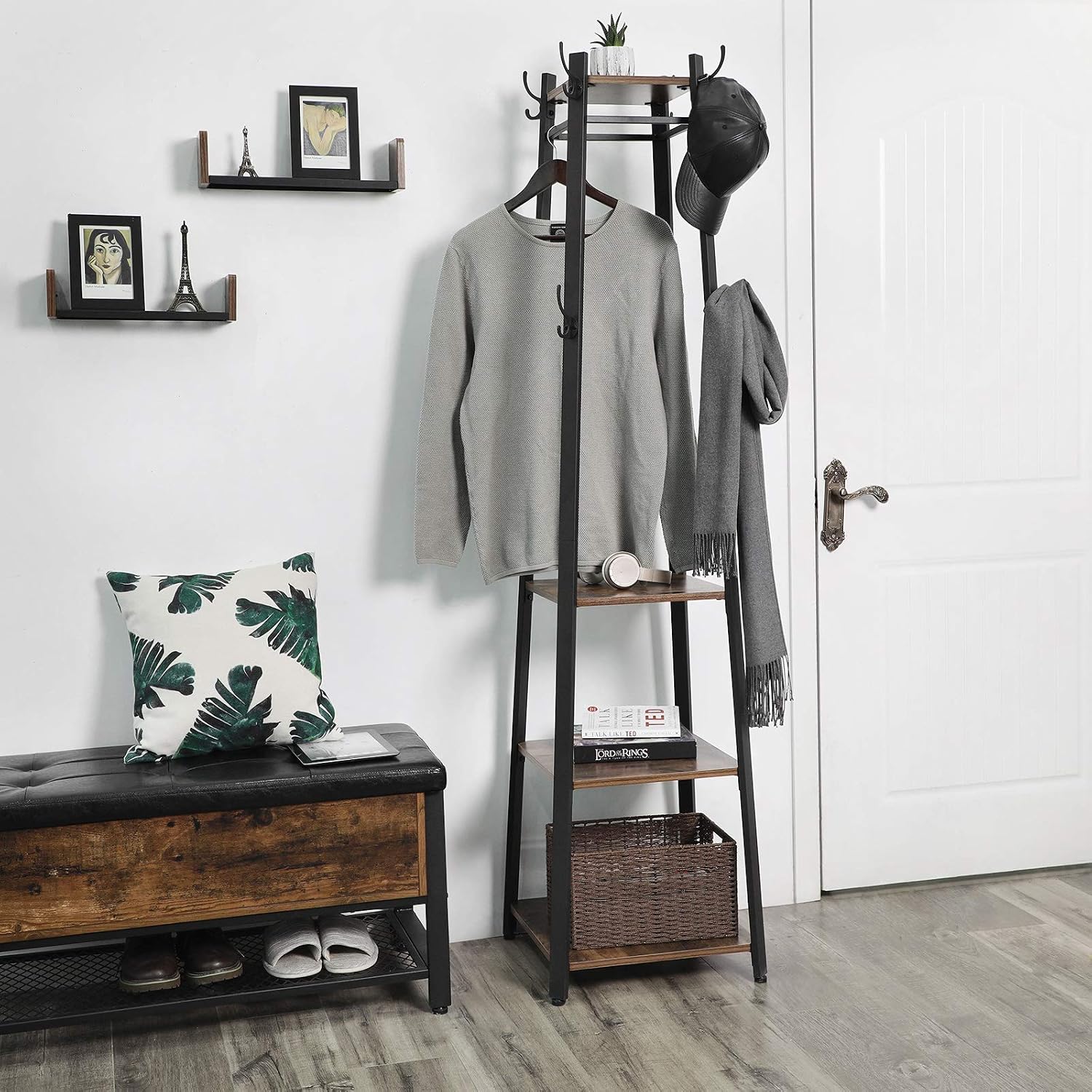 Vasagle Vintage Coat Rack Ladder Shelf With Hooks And Clothes Rail Metal Frame Ulcr80x Coat Stand With 3 Shelves Coat Racks
