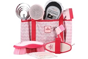 Furrishine 9PCS Horse Grooming Kit Curry Comb Sweat Scraper Horse Bathing Supplies Grooming Tools with Storage Bag Pink Garnet