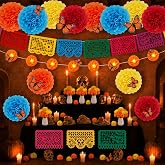 APUDWN 64 Pcs Dia De Los Muertos Decorations Set, Day of the Dead Decor | Include Lighted Marigold Garland, Papel Picado Banner, Butterfly, Paper Pom Pom, Flowers with Stem for Ofrenda, Diwali Altar