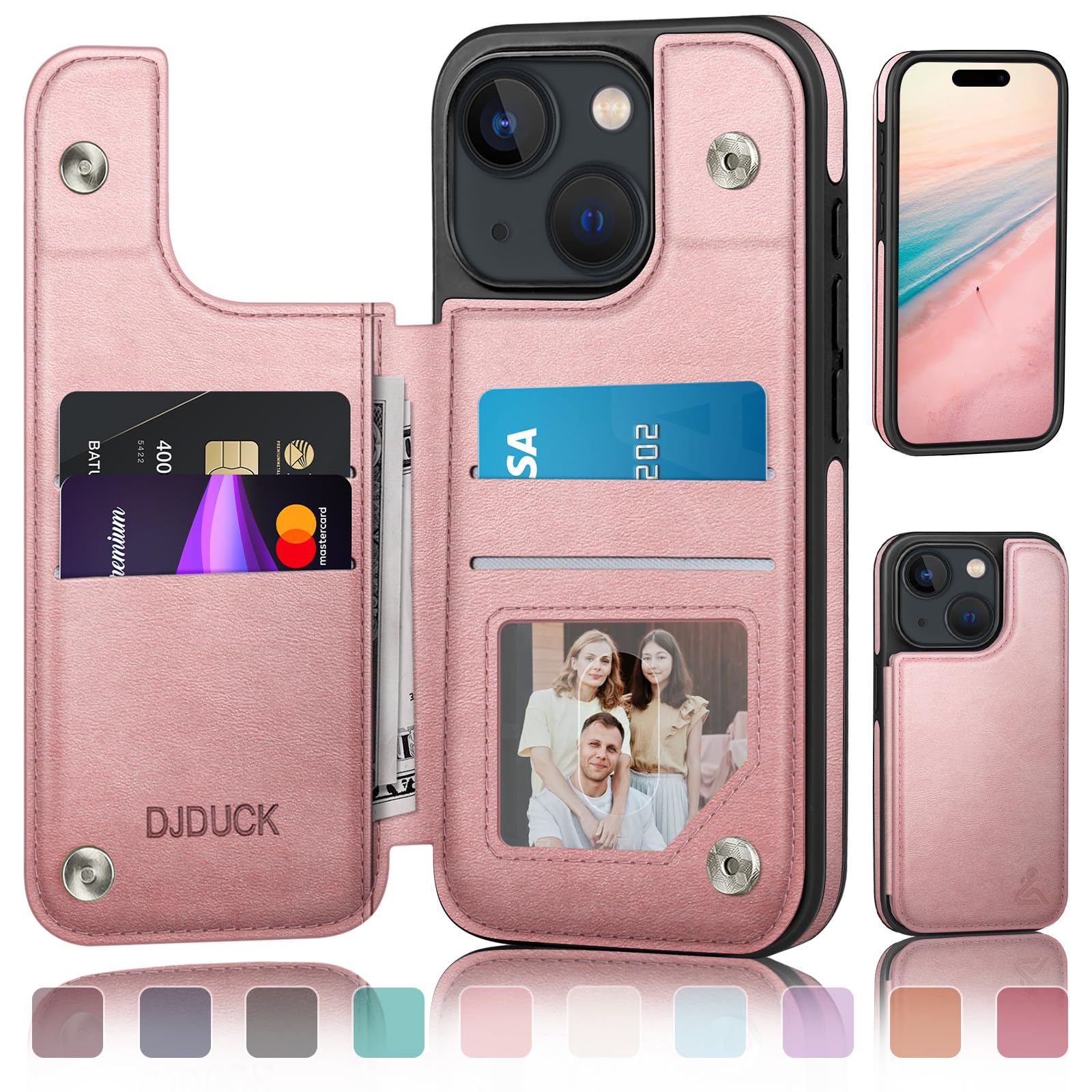 Photo 1 of DJDUCK Designed for iPhone 15 Case Wallet with Card Holder, [Magnetic Clasp Cover] [RFID Blocking Leather Protection] Shockproof Women Men Cases 6.1 Inch for Apple 15 Rose Gold