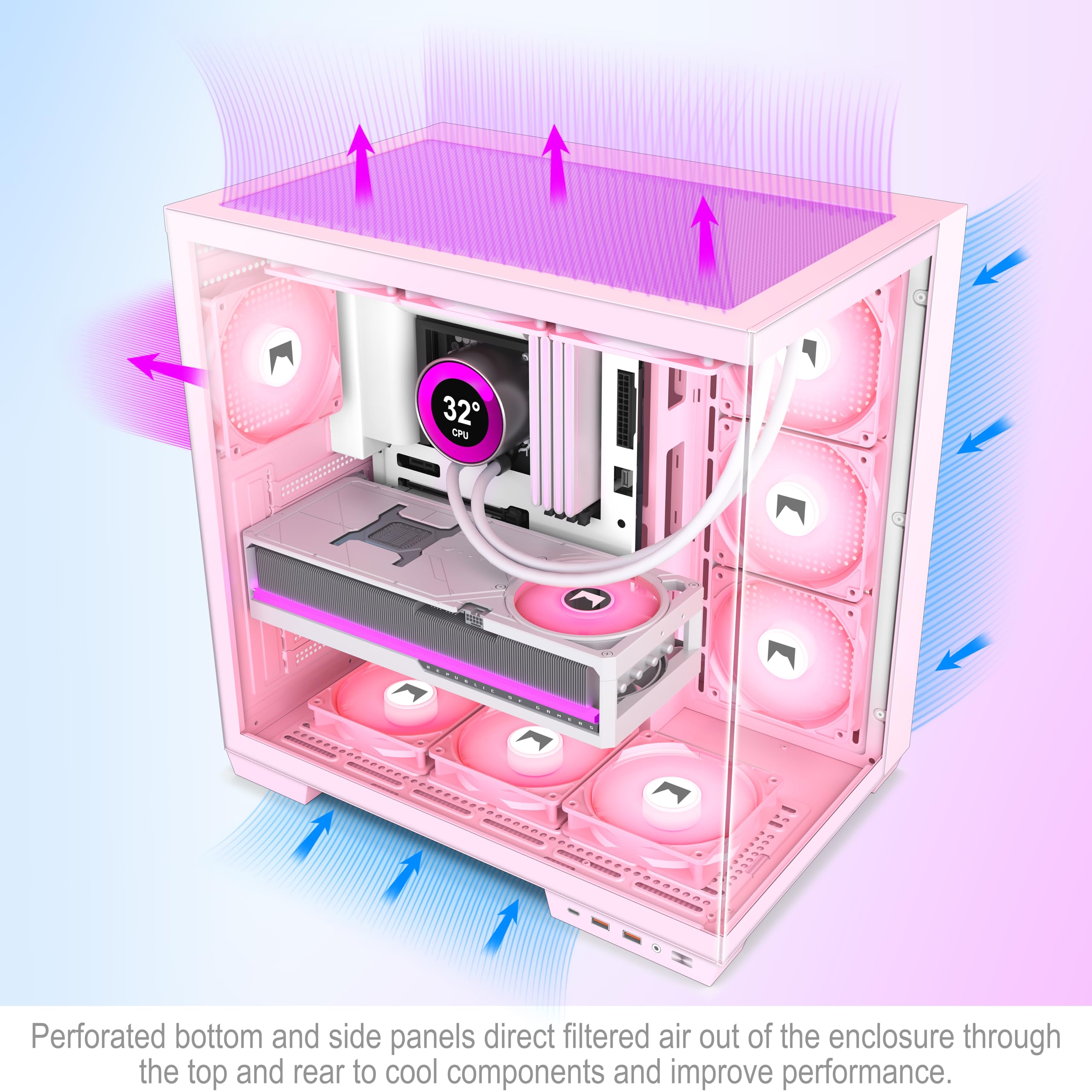 Hyxn H1 Atx Pc Case-Pre-Installed 7 Pwm Argb Fans, Dual Chamber Mid-Tower Gaming Pc Case, With Type-C, Simultaneous Installation Of 2X 360Mm Radiators, Black (Pink, H1) - View 6