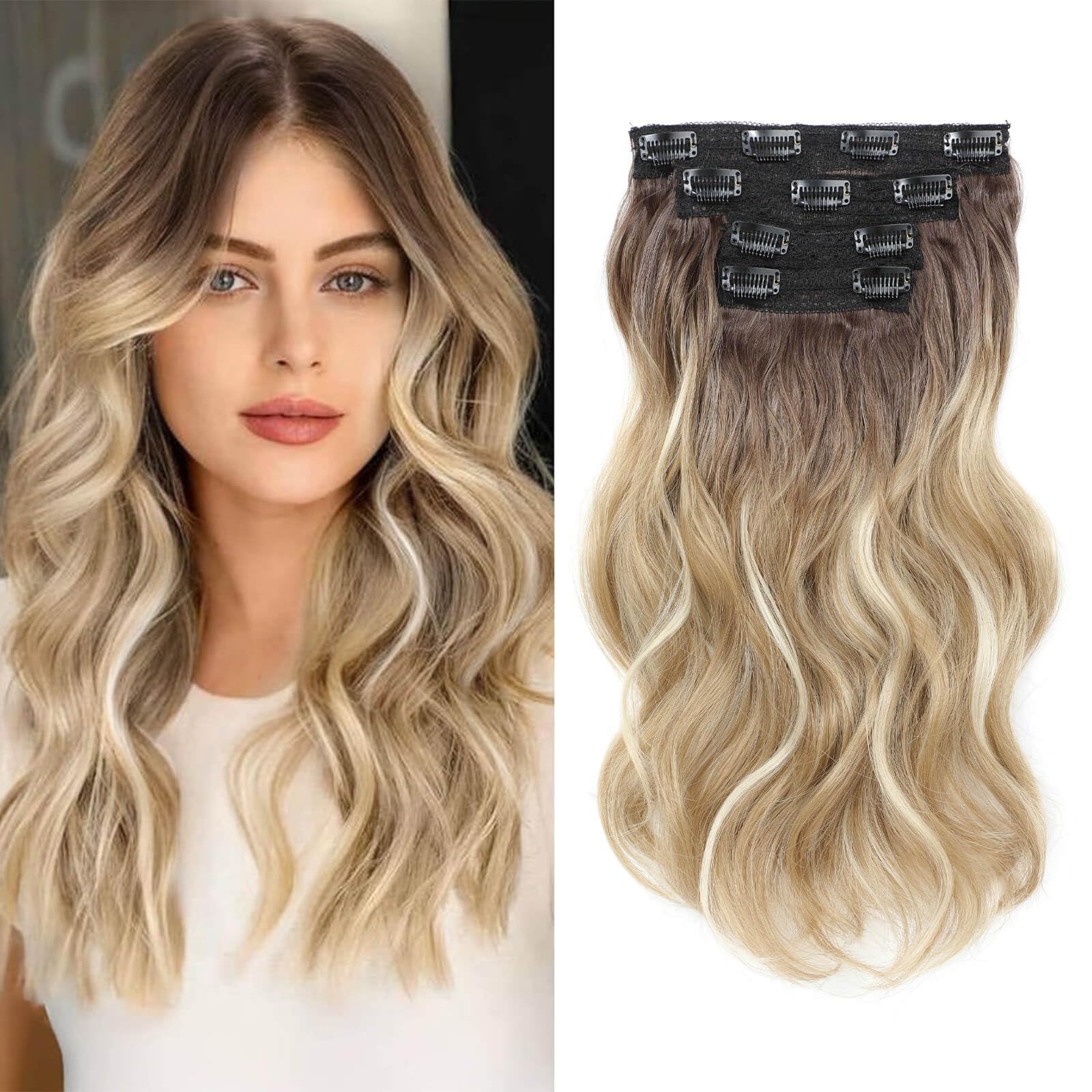 Flyroseing Ombre Brown Blonde with Highlights Clip in Hair Extension, Blonde Hair Extensions Invisible Lace Weft Synthetic Natural Soft 14 Inch Short Wavy Curly Hair Extensions for Women