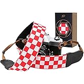 Padwa Lifestyle Red White Plaid Camera Strap - 2" Wide Double Layer Cowhide Head,Cotton Camera Straps for Photographers,Grid Pattern Adjustable Camera Shoulder Neck Strap for All DSLR Cameras