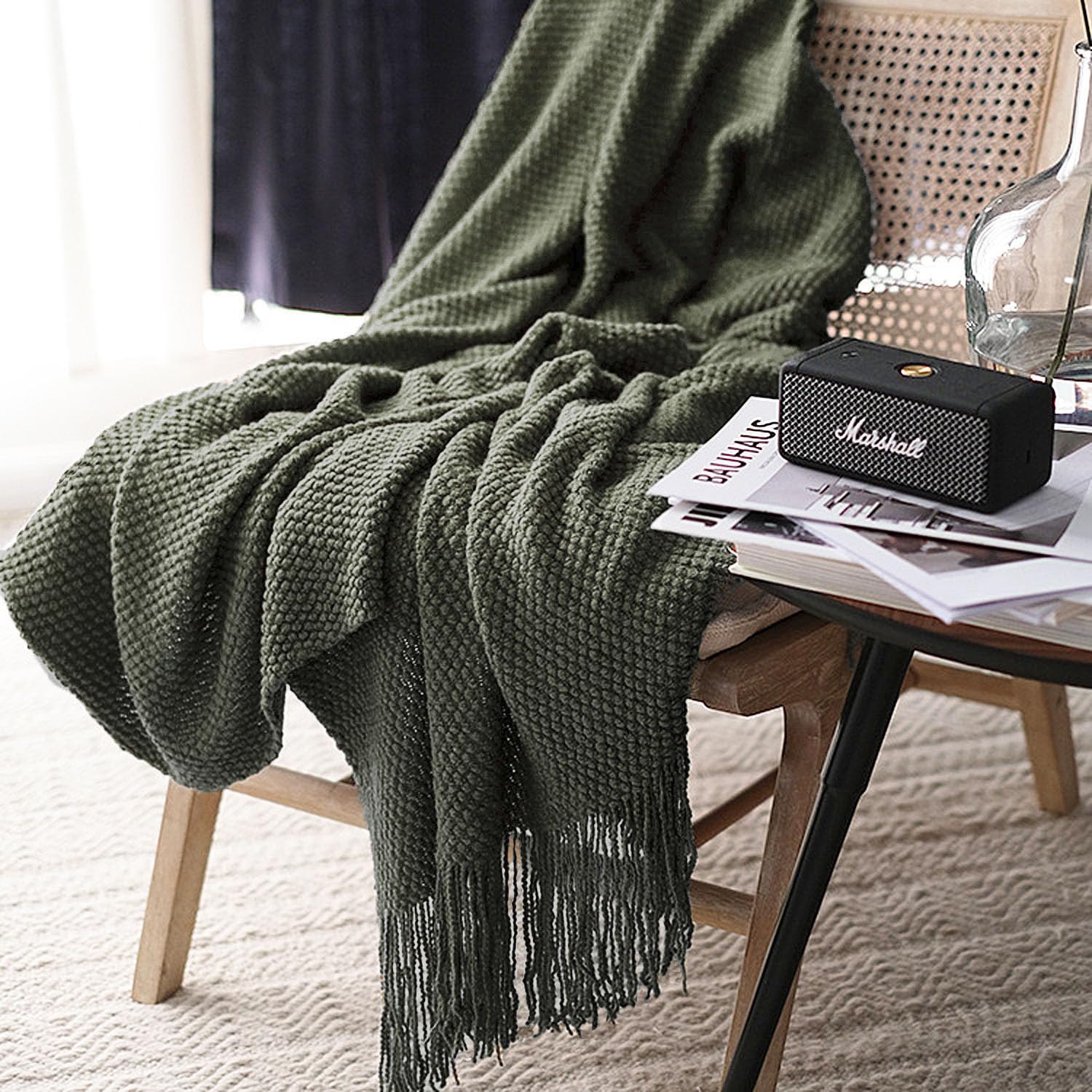 LOMAO Knitted Throw Blanket with Tassels Bubble Textured Lightweight Throws for Couch Cover Home Decor (Dark Olive, 60x90)