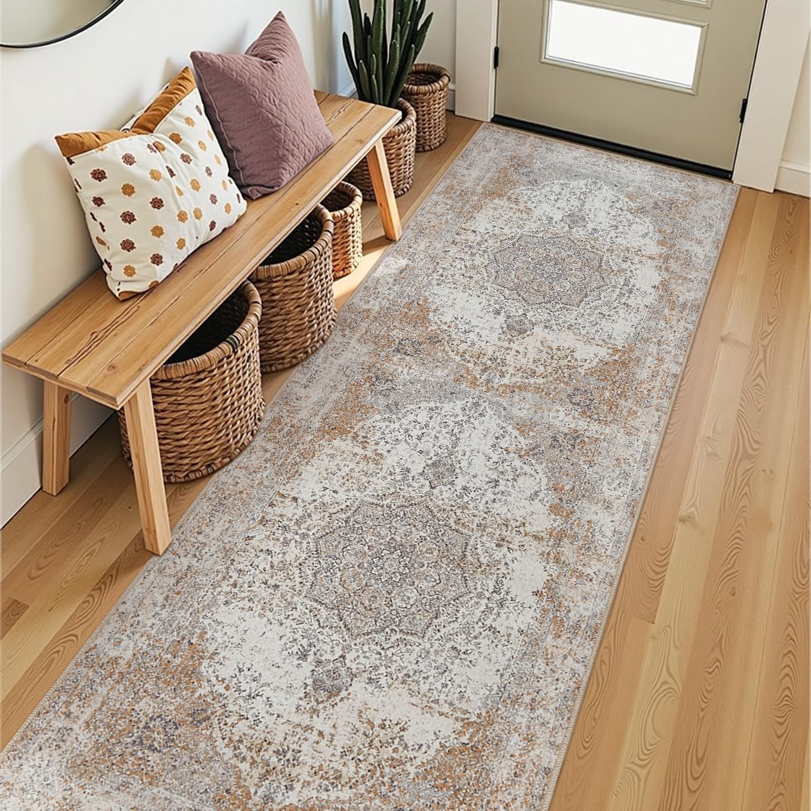 Photo 1 of jinchan Runner Rug 3x8 Washable Hallway Rug Vintage Distressed Runner Indoor Thin Traditional Floral Print Mat Lightweight Non Slip Carpet for Kitchen Bathroom Bedroom Living Room Taupe