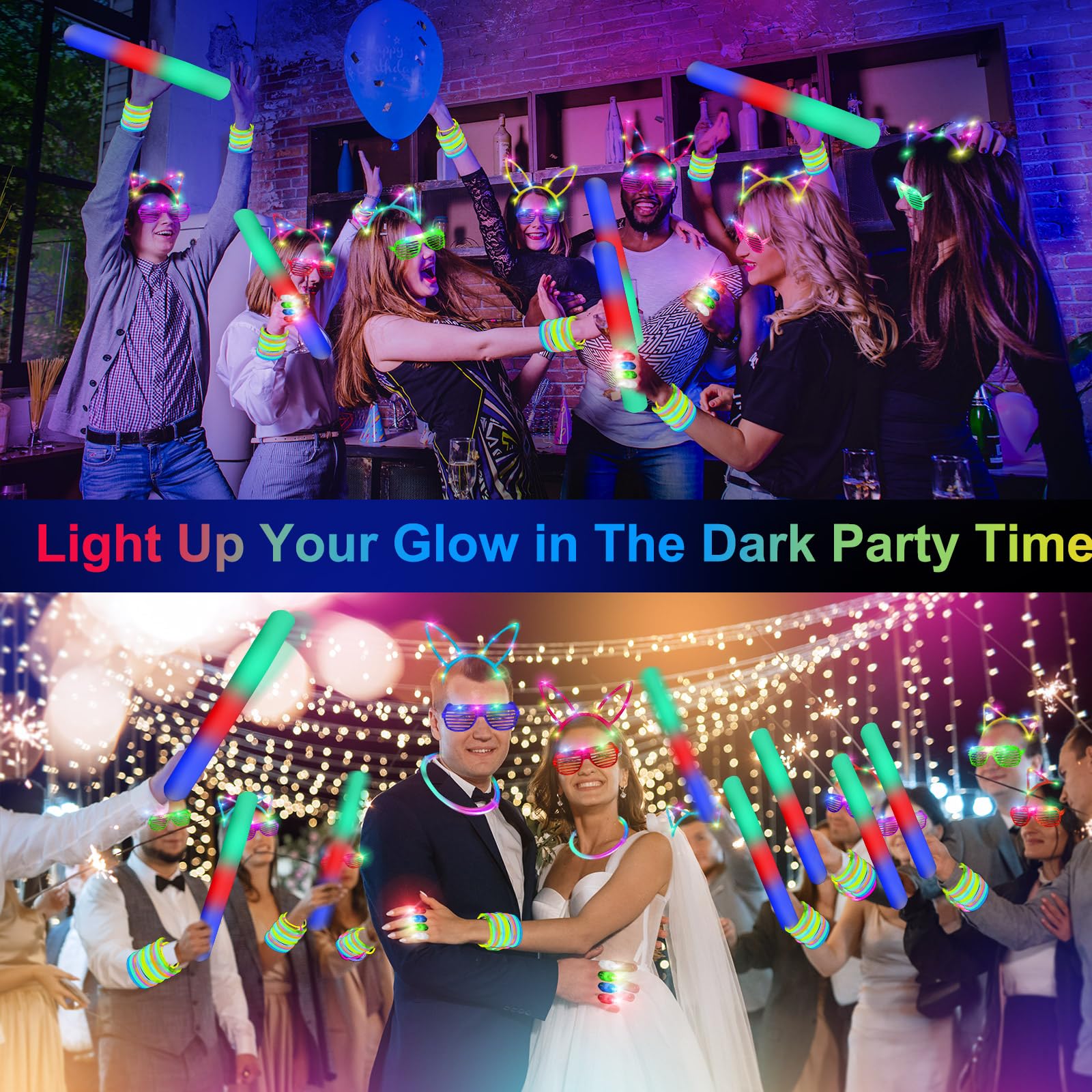 OLUPP 282 PCS Glow in the Dark Party Supplies, 18 Foam Sticks, 18 LED Glasses, 200 Glow Sticks, 30 Finger Lights, 8 Bunny Ear Headband and 8 LED Cat Ear Headband for Wedding,Birthday,Concert,New Year