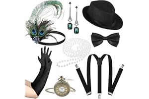 YINGZHAO 2 Sets 1920s Flapper Accessories for Women Men Roaring 20s Gatsby Halloween Costume Accessories Feather Headband Gangster Hat(Black, Green, Classic Style)