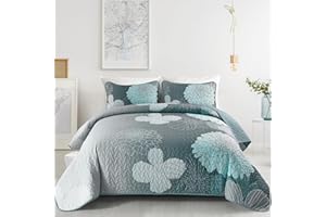 COTTOLESTER Green Gradient Floral Quilt Set Queen 3 Pieces Bedspread Soft Lightweight Coverlet with 2 Pillow Shams Microfiber Bed Cover for All Season 96"x90"