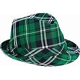 Zhzrche Green St. Patrick's Day Plaid Fabric Fedora Hat - Irish Costume Hat, Large