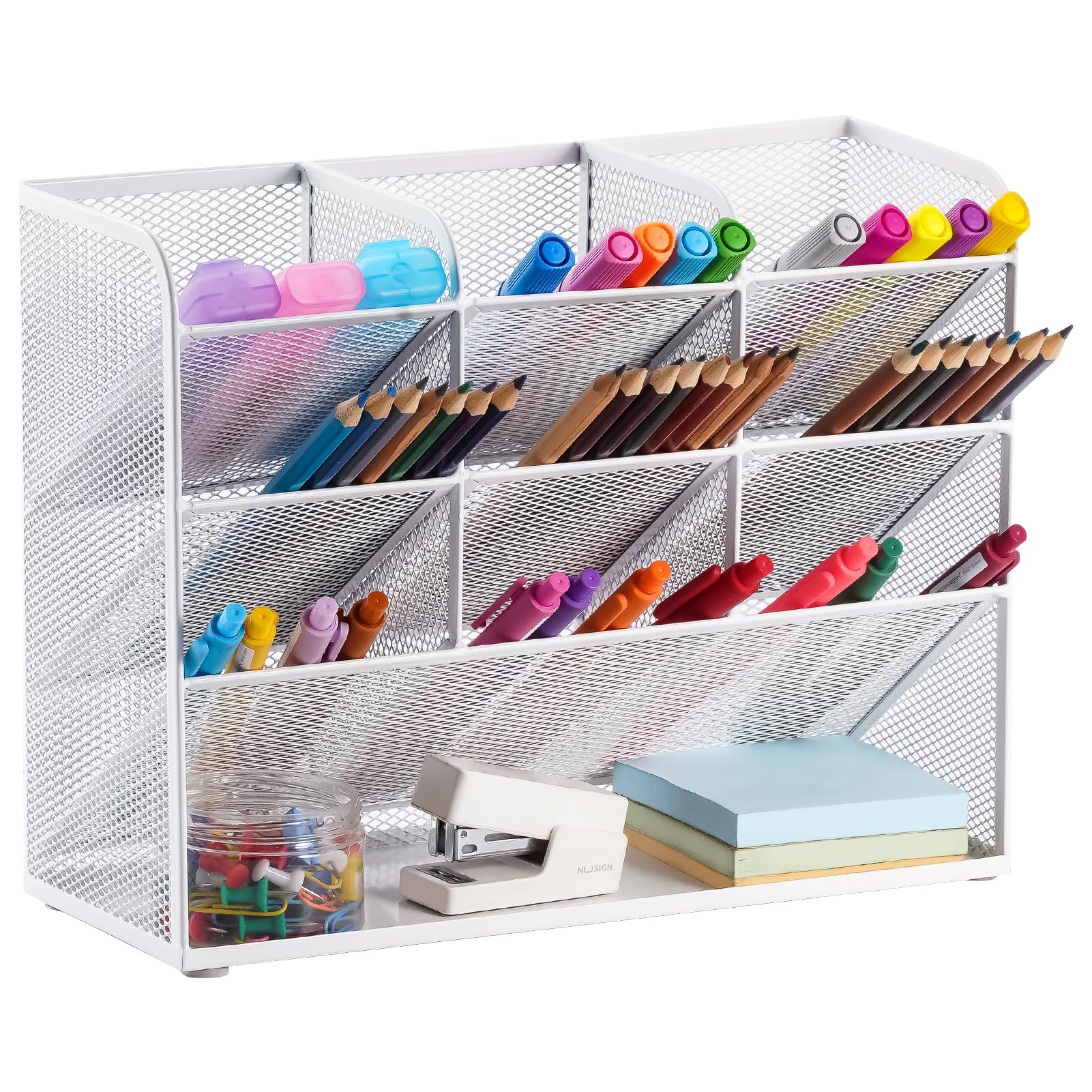 Marbrasse Mesh Desk Organiser,Multi-Functional Pen Holder,Pen Organiser for Desk,Desktop Stationary Storage Rack for School Home Office Art Supplies(White)
