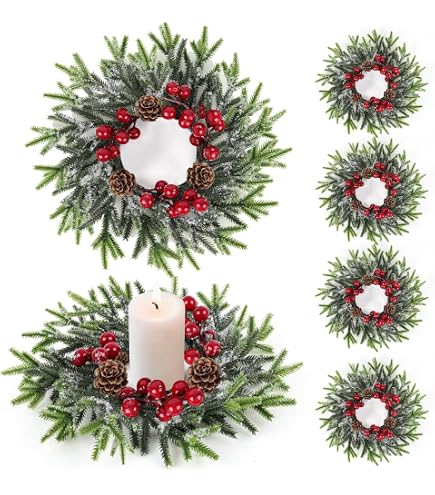 Caplidou 4 Pack Christmas Candle Rings - 10 Inch Frosted Wreaths With Red Berries & Gold Balls