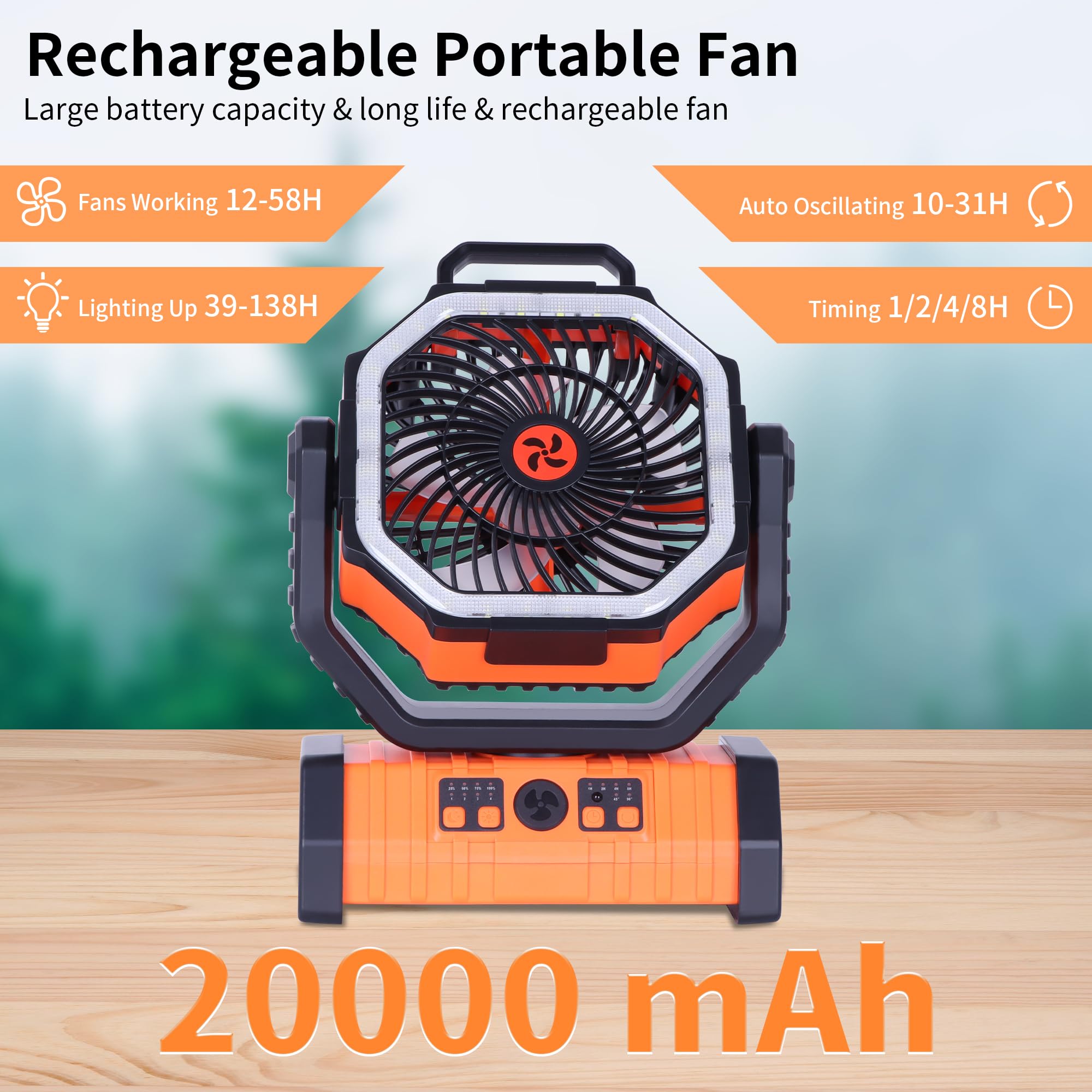TDLOL 20000mAh Camping Fan Battery Operated,Portable Rechargeable Battery Powered Fan with LED Light,360°Oscillating & 8H Timer Portable Camping UEssentials Fans with Hook