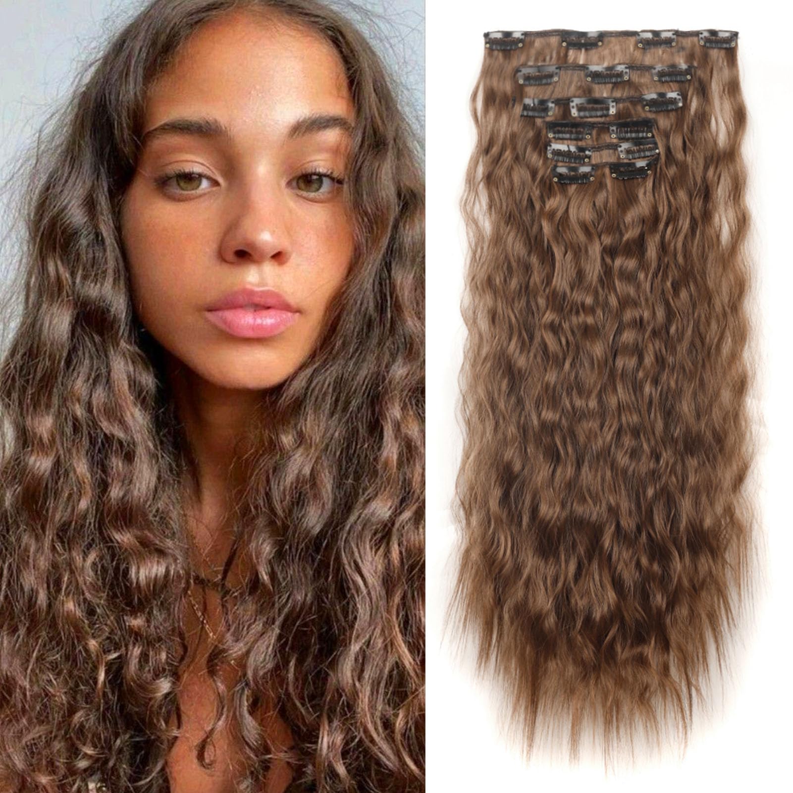 Cybelleza Clip in Hair Extension Curly Wavy 6PCS 20inch Long Hair Extensions Clip in Hairpieces Full Head Synthetic Fake Hair for Women, Brown mix Auburn