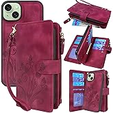 Lacass Compatible with iPhone 14 Plus 6.7 inch Case [ Card Slots] ID Credit Cash Holder Zipper Pocket Detachable Magnet Leather Wallet Cover with Wrist Strap Lanyard(Floral Wine Red)