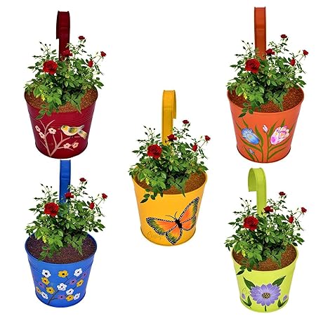 CINAGRO - Set of 5 - Designer Hand Painted Railing Metal Planter, Plant Holder, Balcony, Home Garden - (Maroon, Orange, Blue, Yellow, Lemon)