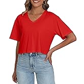 PRIMODA Women's Oversized Crop Tops Boxy V Neck Short Sleeve Cropped T Shirts Loose Summer Workout Crop Tee Tops