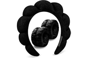 DOMMARE Skincare Headband For Washing Face Wristband Set, Bubble Spa Headbands For Women Teen Girl Gifts, Terry Cloth Hairband Make Up Get Ready Thanksgiving Christmas Gifts(Black)