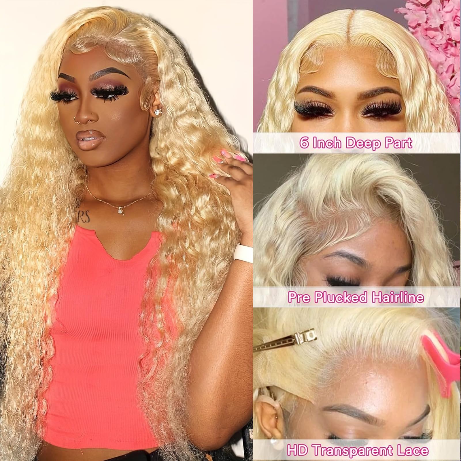 613 Lace Front Wig Human Hair 613 Blonde Deep Wave 13x6 HD Transparent Lace Front Wig Human Hair Pre Plucked Blonde Wig Human Hair with Baby Hair 180% Density for Women(30inches 613 13x6 Wig)