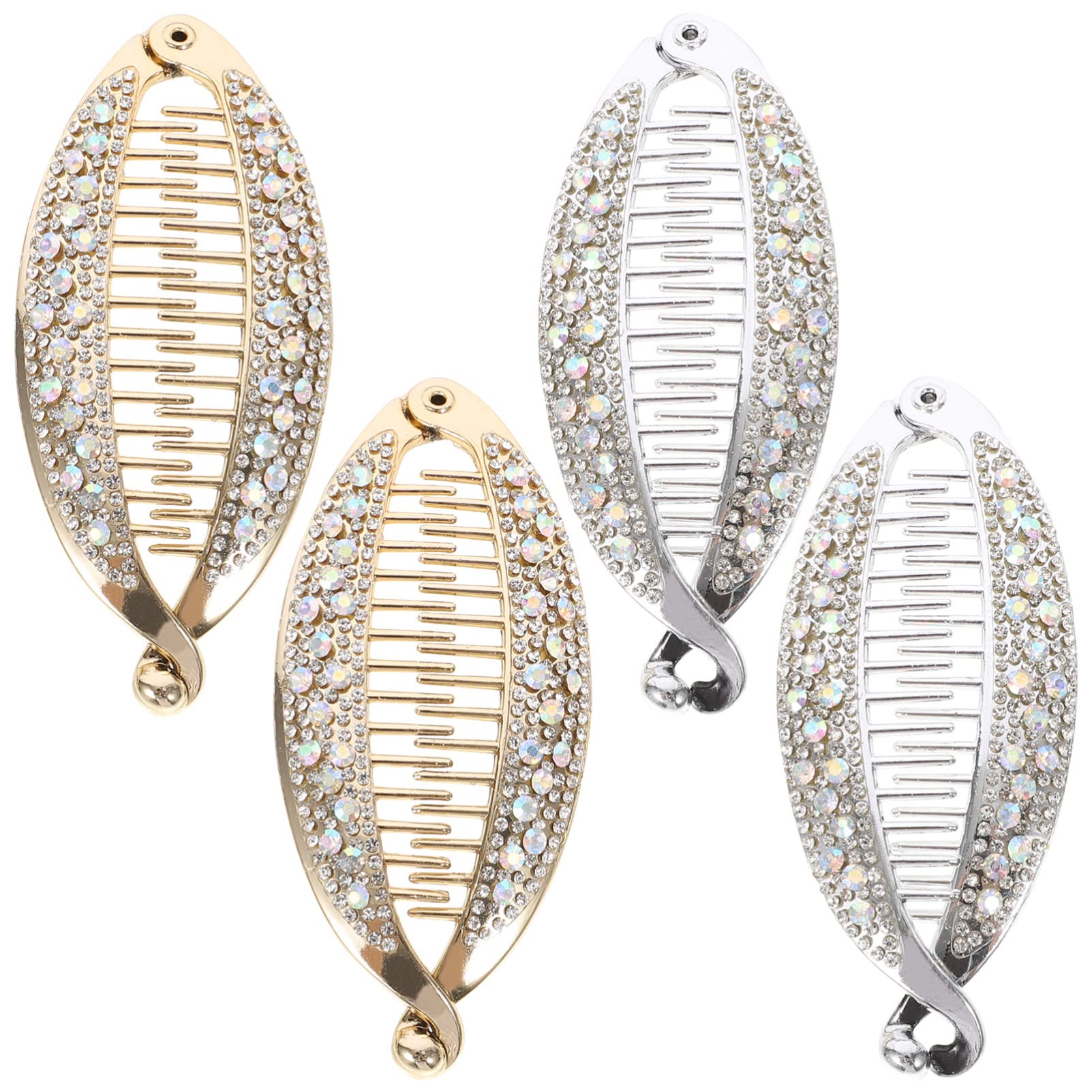Lurrose 4pcs Banana Hair Clip Shiny Rhinestone Decor Ponytail Holder Clip Resin Stylish Hair Barretters for Women (Gold and Silver)