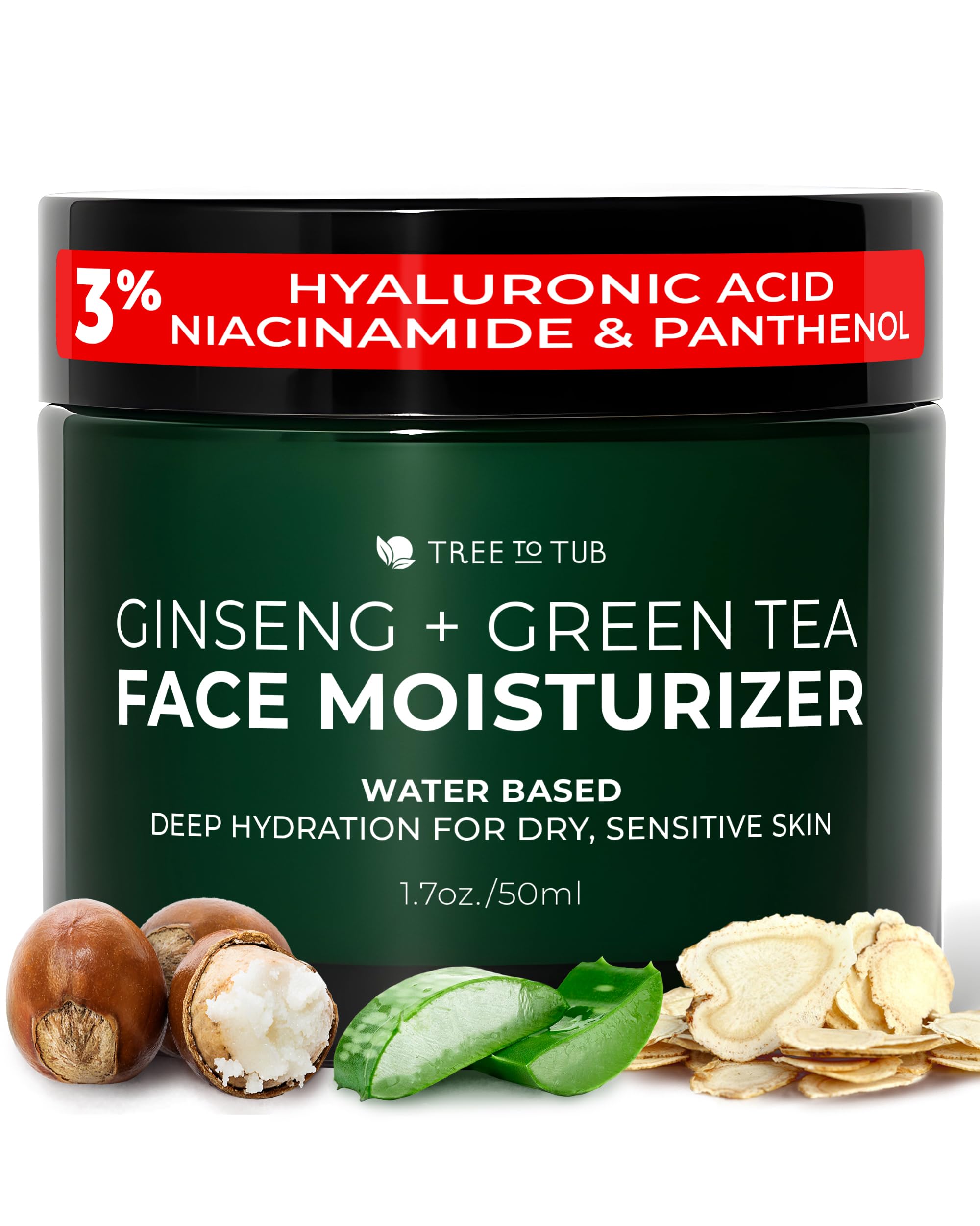 Tree to Tub Hydrating Face Moisturizer for Dry & Sensitive Skin - Water Based Hyaluronic Acid Facial Moisturizer, Moisturizing Face Cream for Women & Men w/Organic Aloe, Green Tea, Natural Ginseng