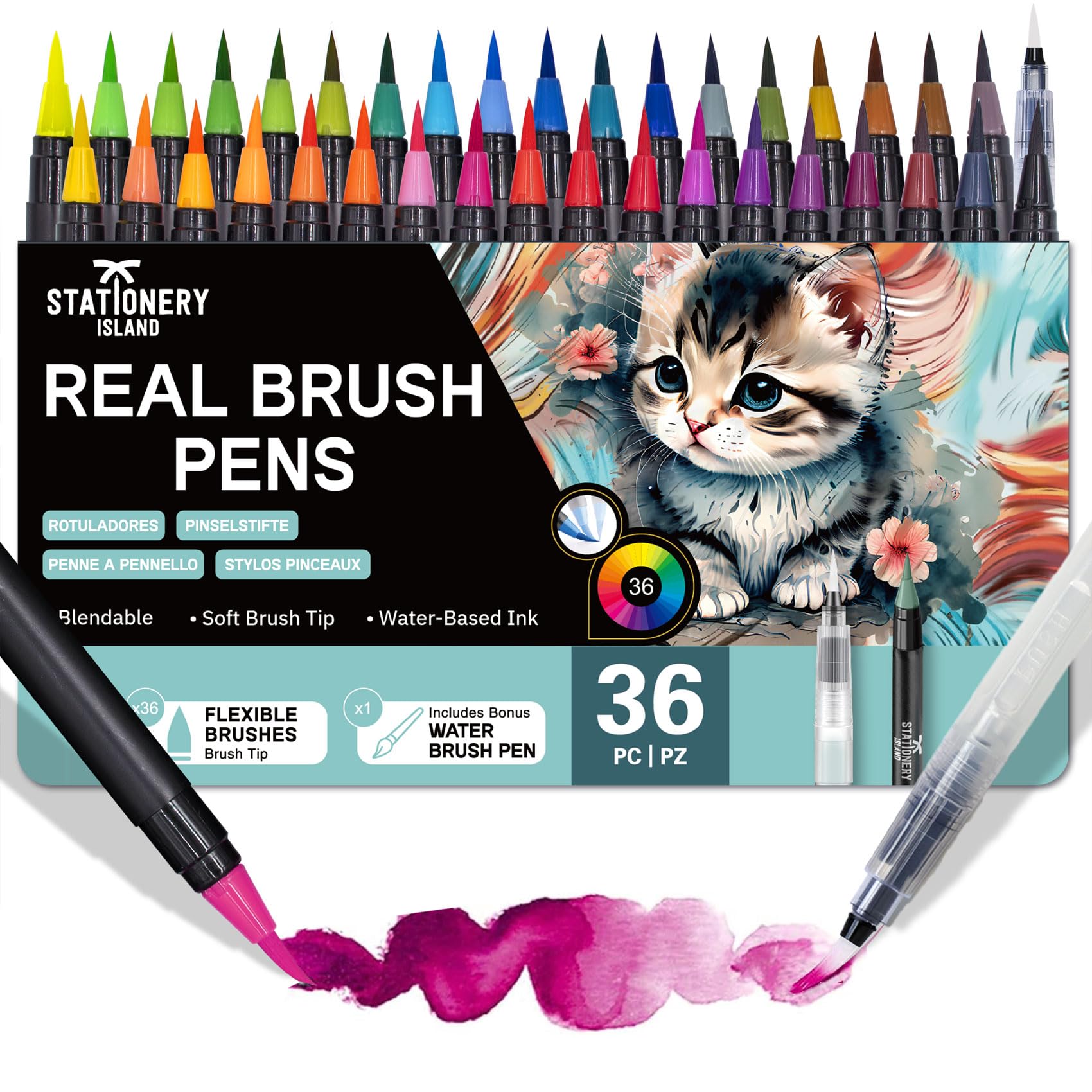 STATIONERY ISLAND Teenage Girls Gifts Watercolour Brush Pens 36+1 Set Soft Brush Pens Water Colour Pens Art Colouring Pens for Kids and Adult Colouring Book Calligraphy Painting