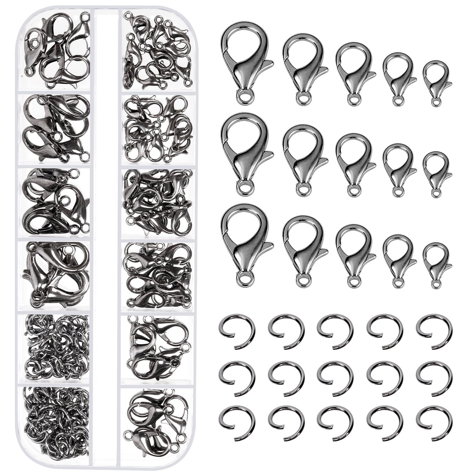 Tanstic 170Pcs Black Lobster Claw Clasps with Open Jump Rings Kit, 10mm, 12mm, 14mm, 16mm, 18mm Alloy Small Jewelry Clasps Lobster Clasps and 6mm Jump Rings for DIY Jewelry Making