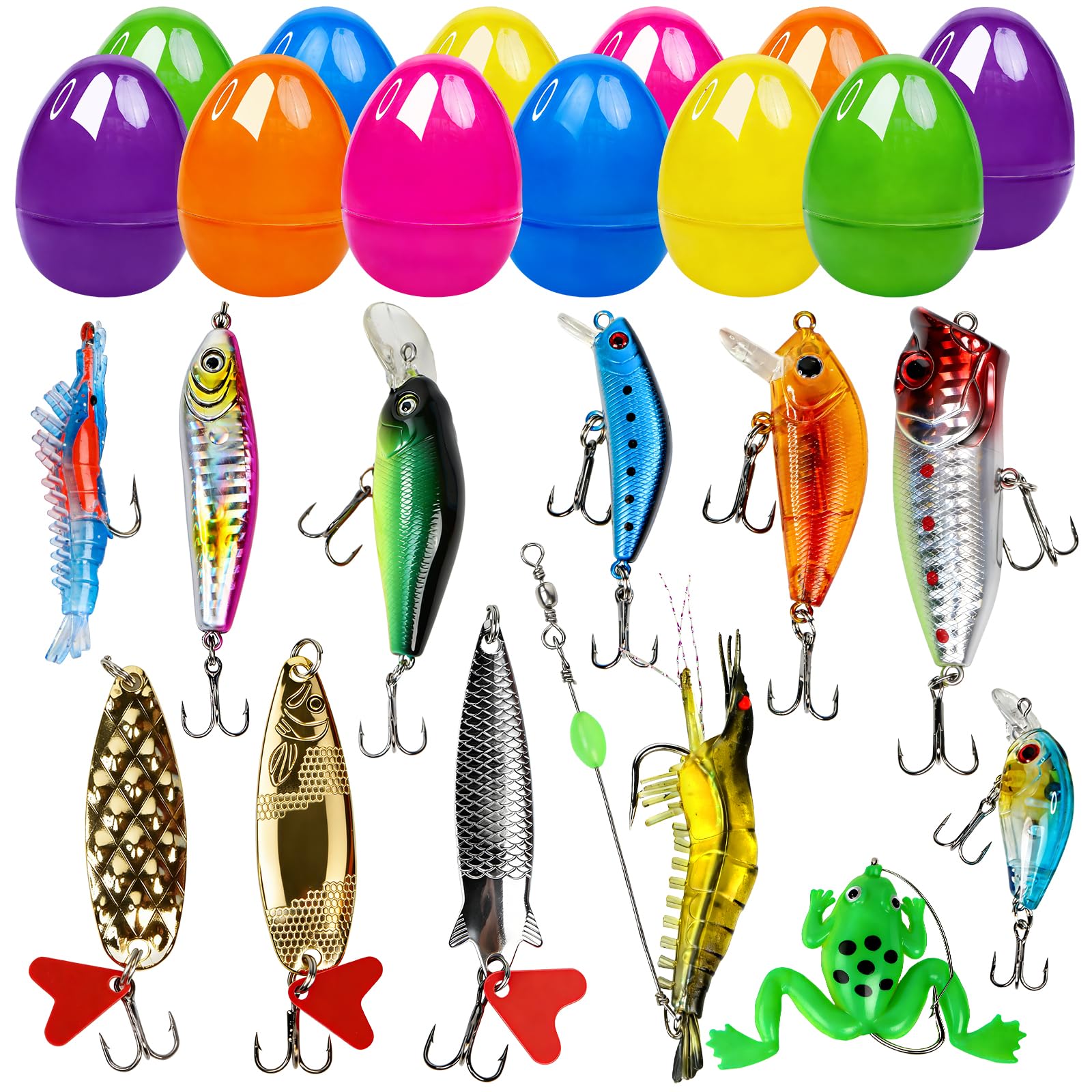 12 Pcs Prefilled Easter Eggs with Fishing Lures Baits Tackle Kit Easter Basket Stuffers Fishing Gear Accessories Egg Fillers Egg Hunt Party Favors for Teens Adults