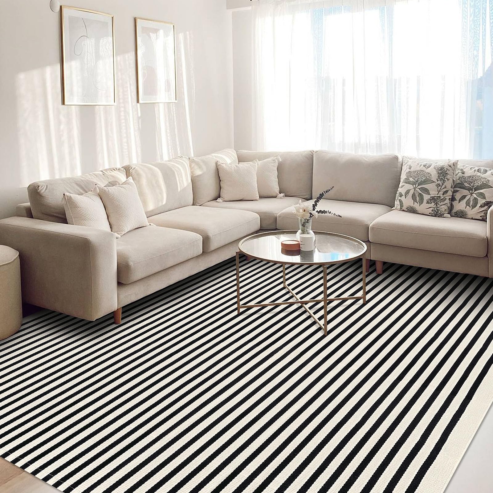 Photo 1 of KOZYFLY Black and Beige Striped Rug 8x10 Ft Area Rug Washable Indoor Outdoor Rug Cotton Outdoor Patio Rugs Farmhouse Rugs for Living Room Carpet for Patio Dining Room Bedroom
