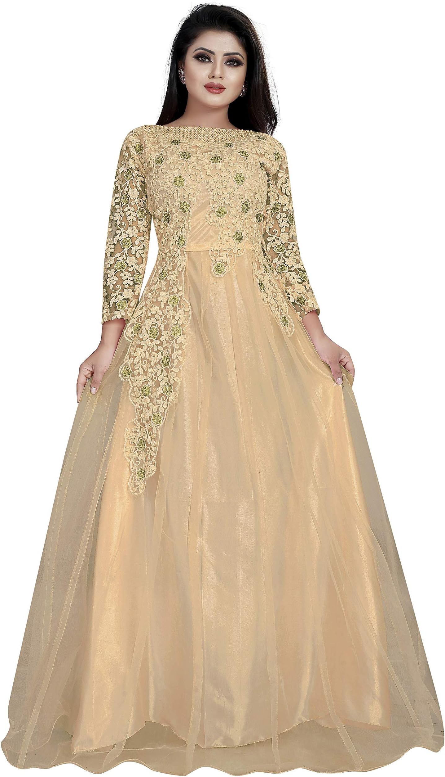 Women's Net Embroidery Semi-Stitched Gown - Cream (Free Size)