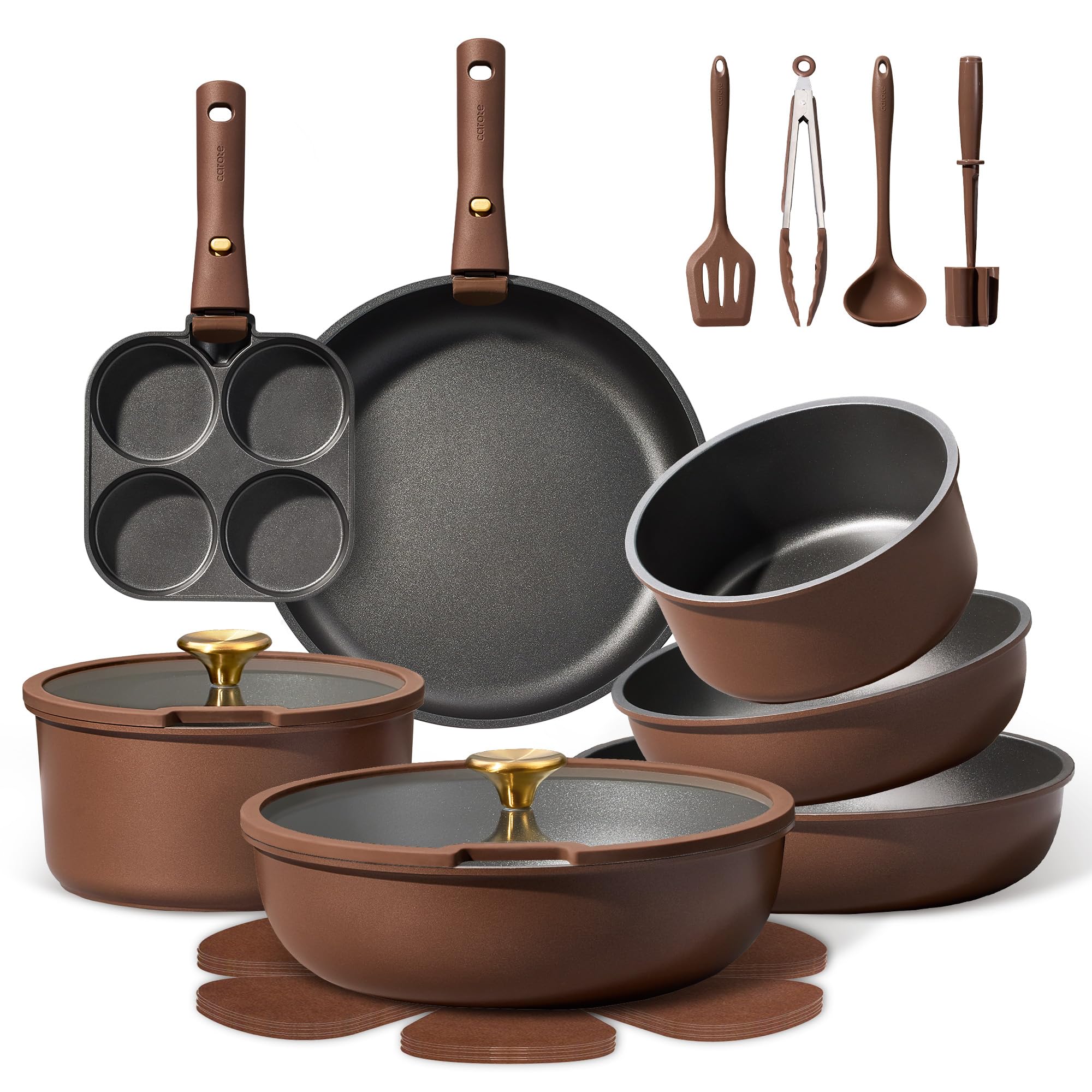 CAROTE 21pcs Pots and Pans Set, Nonstick Cookware Set Detachable Handle, Induction Kitchen Cookware Sets Non Stick with Removable Handle, RV Cookware Set, Oven Safe, Brown Image